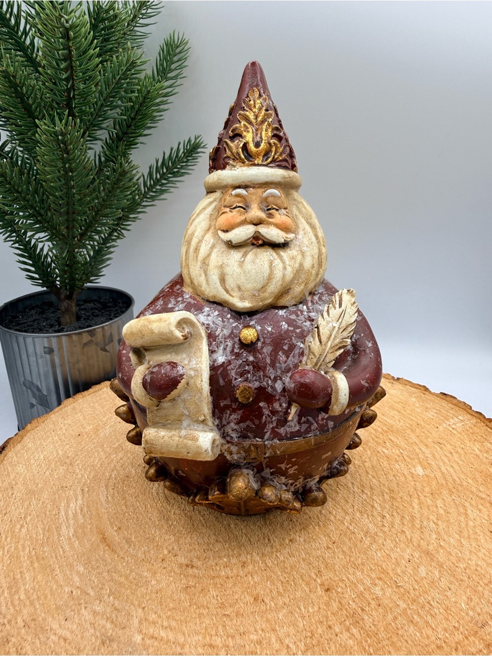 Vintage Rustic Resin Santa Claus Figurine Holding Scroll & Quill Christmas Decor